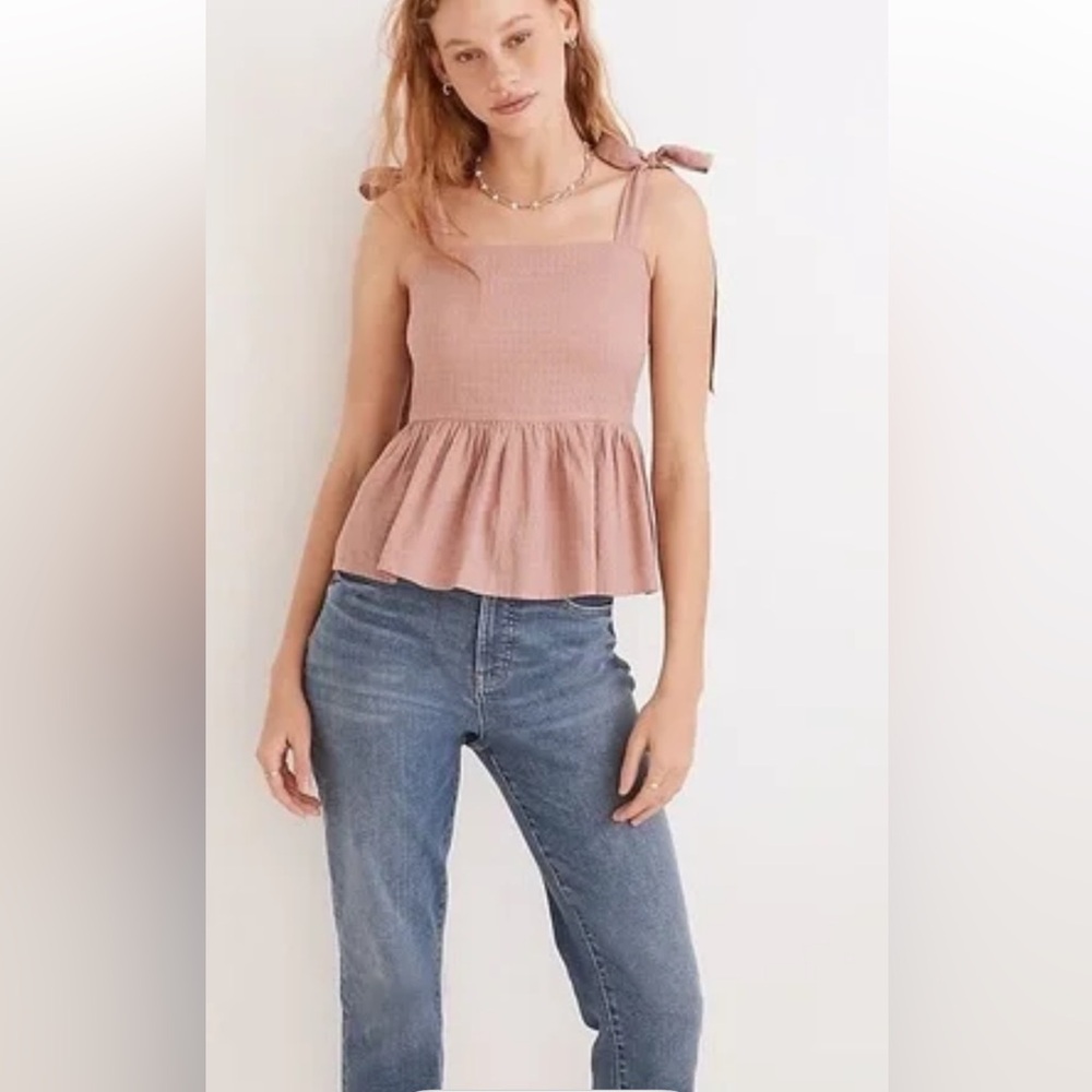 Madewell Rosalie Tie-Strap Top Textured Gingham, Size small, mauve pink NWT